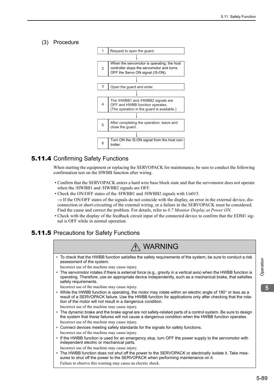 4 confirming safety functions, 5 precautions for safety functions, Warning | 3) procedure | Yaskawa Sigma-5 User Manual: Design and Maintenance - Rotary Motors - Analog Voltage and Pulse Train Reference User Manual | Page 203 / 423