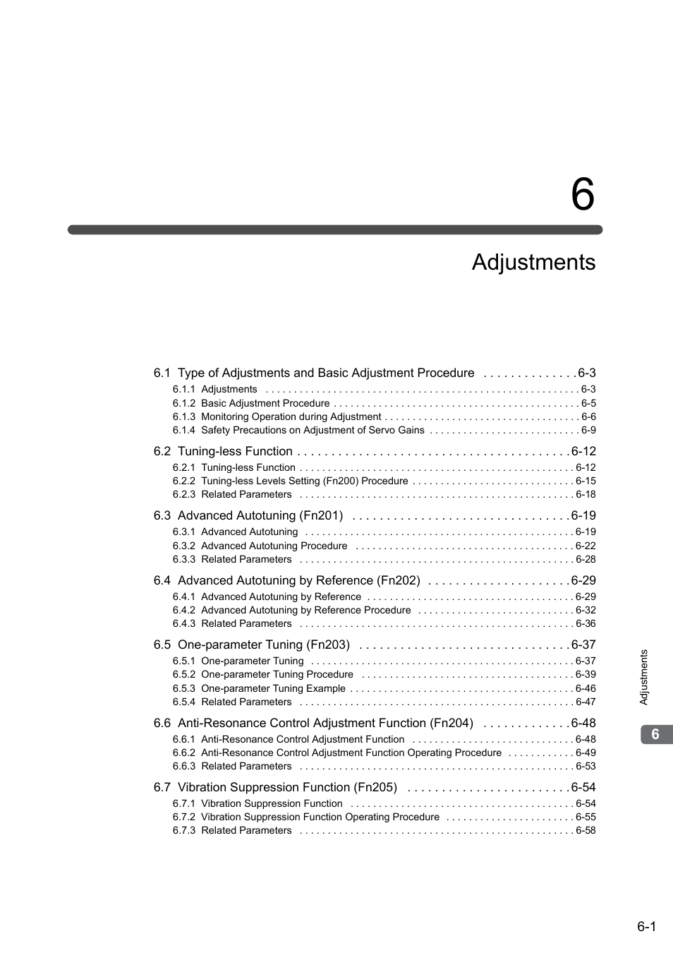 6 adjustments, Adjustments | Yaskawa Sigma-5 User Manual: Design and Maintenance - Rotary Motors - Analog Voltage and Pulse Train Reference User Manual | Page 204 / 423