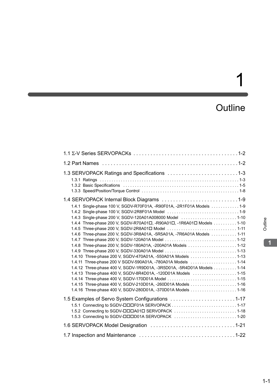 1 outline, Outline | Yaskawa Sigma-5 User Manual: Design and Maintenance - Rotary Motors - Analog Voltage and Pulse Train Reference User Manual | Page 21 / 423