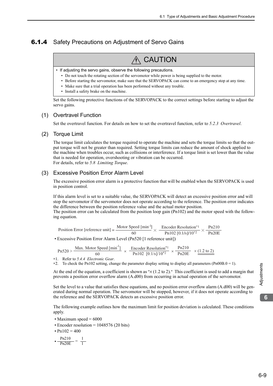4 safety precautions on adjustment of servo gains, Caution, 1) overtravel function | 2) torque limit, 3) excessive position error alarm level, Rotation | Yaskawa Sigma-5 User Manual: Design and Maintenance - Rotary Motors - Analog Voltage and Pulse Train Reference User Manual | Page 212 / 423