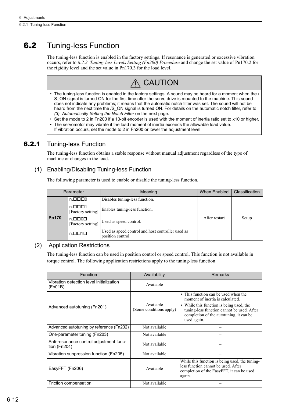 2 tuning-less function, 1 tuning-less function, Caution | 1) enabling/disabling tuning-less function, 2) application restrictions | Yaskawa Sigma-5 User Manual: Design and Maintenance - Rotary Motors - Analog Voltage and Pulse Train Reference User Manual | Page 215 / 423