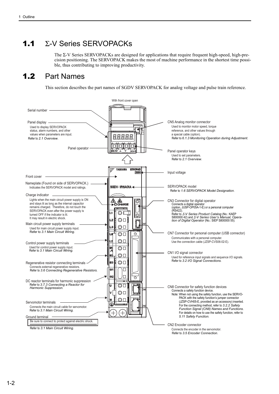 1 sigma-v series servopacks, 2 part names, 1 σ-v series servopacks | Yaskawa Sigma-5 User Manual: Design and Maintenance - Rotary Motors - Analog Voltage and Pulse Train Reference User Manual | Page 22 / 423