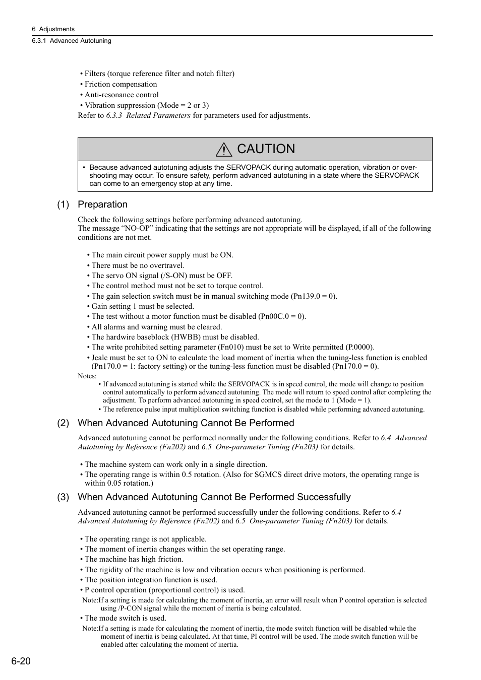 Caution, 1) preparation, 2) when advanced autotuning cannot be performed | Yaskawa Sigma-5 User Manual: Design and Maintenance - Rotary Motors - Analog Voltage and Pulse Train Reference User Manual | Page 223 / 423