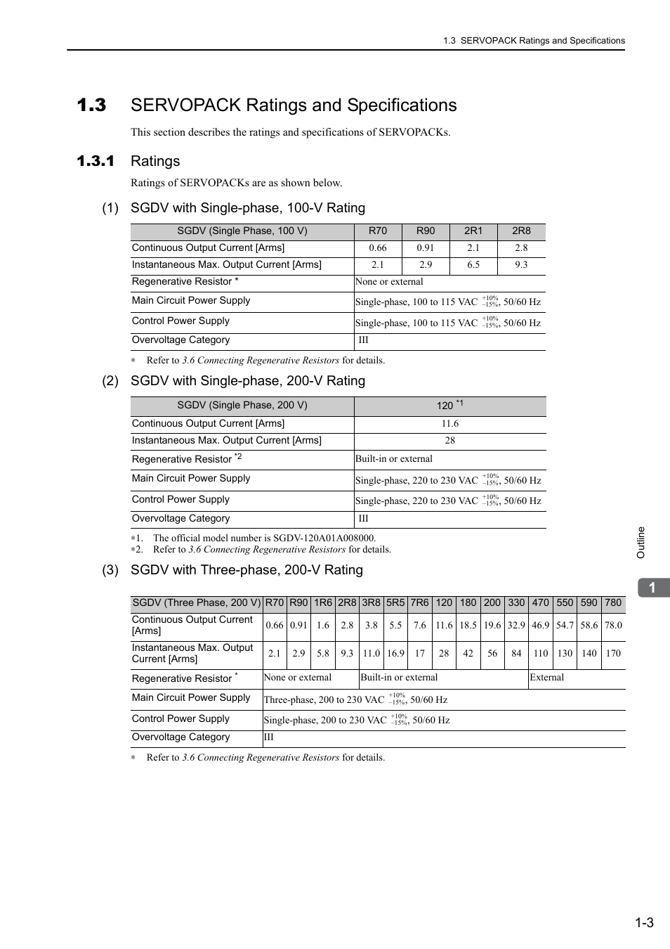 3 servopack ratings and specifications, 1 ratings, 1) sgdv with single-phase, 100-v rating | 2) sgdv with single-phase, 200-v rating, 3) sgdv with three-phase, 200-v rating | Yaskawa Sigma-5 User Manual: Design and Maintenance - Rotary Motors - Analog Voltage and Pulse Train Reference User Manual | Page 23 / 423