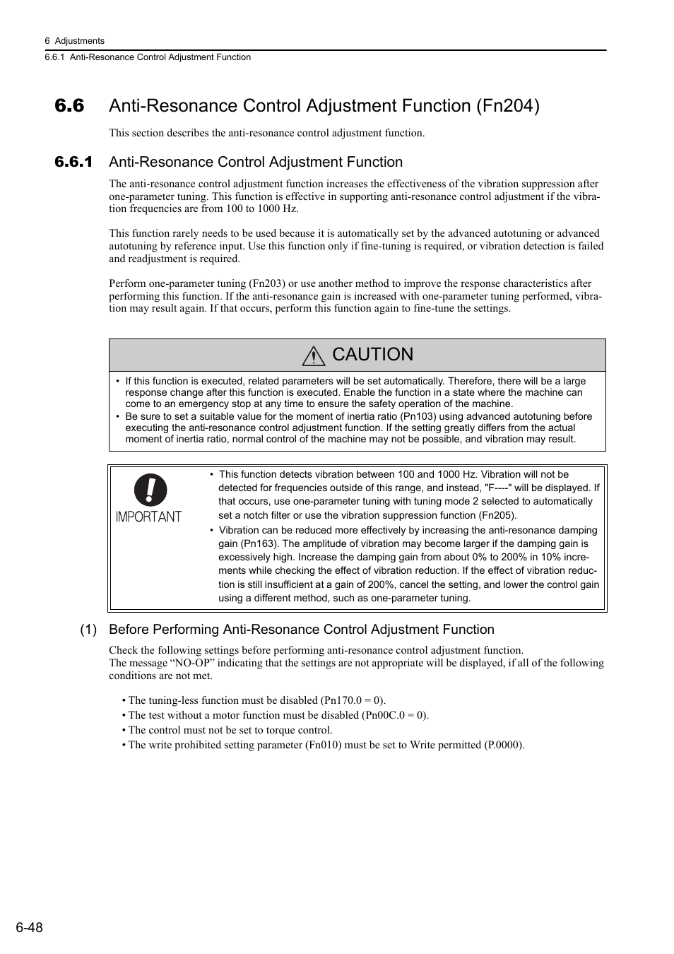 1 anti-resonance control adjustment function, Caution | Yaskawa Sigma-5 User Manual: Design and Maintenance - Rotary Motors - Analog Voltage and Pulse Train Reference User Manual | Page 251 / 423