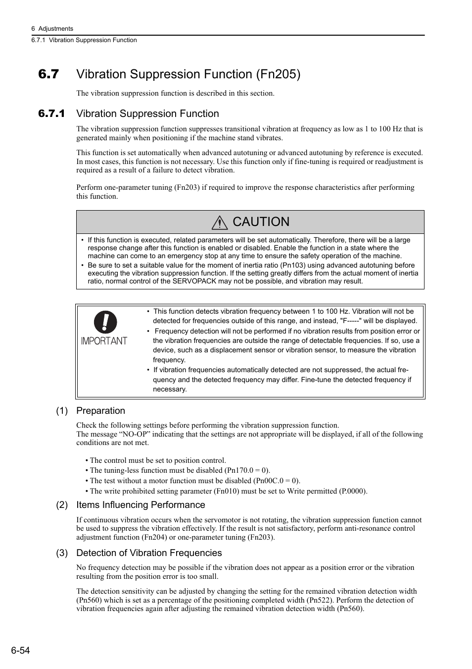 7 vibration suppression function (fn205), 1 vibration suppression function, Caution | Yaskawa Sigma-5 User Manual: Design and Maintenance - Rotary Motors - Analog Voltage and Pulse Train Reference User Manual | Page 257 / 423