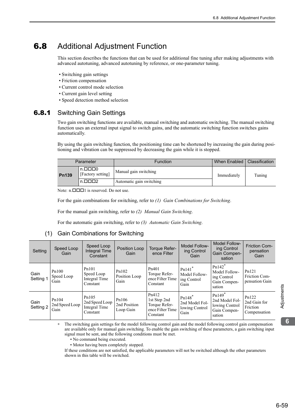 8 additional adjustment function, 1 switching gain settings, 1) gain combinations for switching | Yaskawa Sigma-5 User Manual: Design and Maintenance - Rotary Motors - Analog Voltage and Pulse Train Reference User Manual | Page 262 / 423