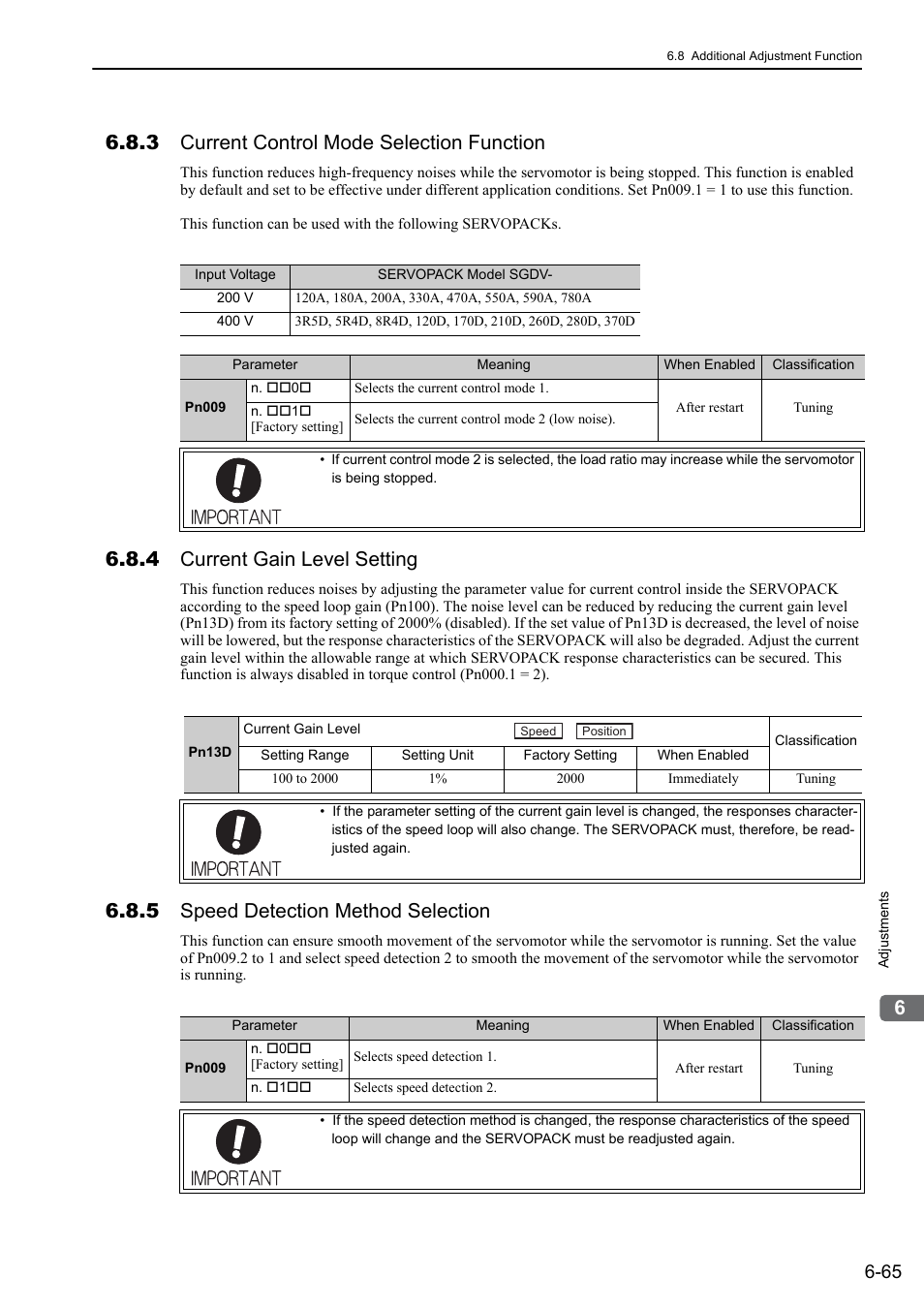 3 current control mode selection function, 4 current gain level setting, 5 speed detection method selection | Yaskawa Sigma-5 User Manual: Design and Maintenance - Rotary Motors - Analog Voltage and Pulse Train Reference User Manual | Page 268 / 423