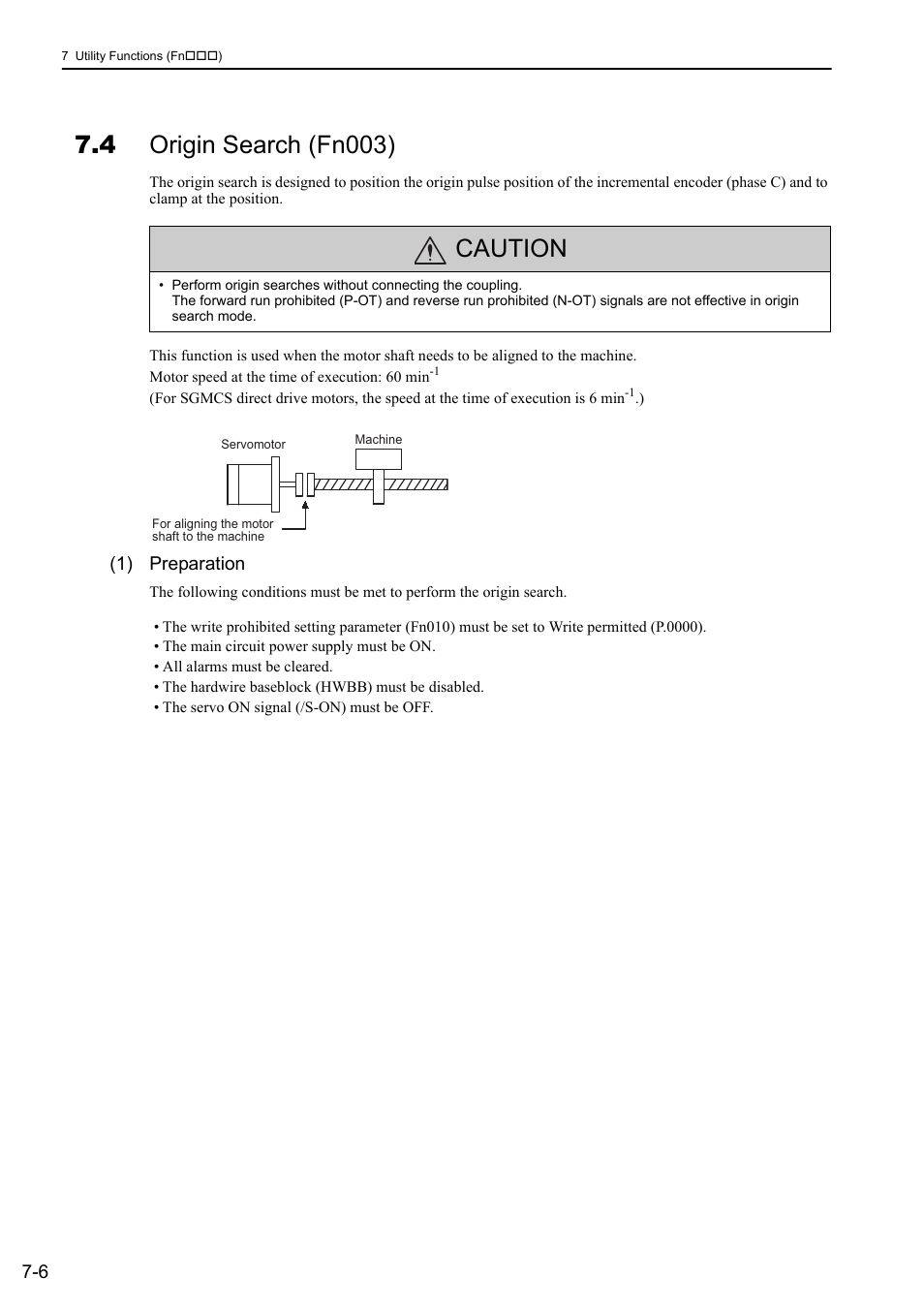 4 origin search (fn003), Caution, 1) preparation | Rotation | Yaskawa Sigma-5 User Manual: Design and Maintenance - Rotary Motors - Analog Voltage and Pulse Train Reference User Manual | Page 283 / 423