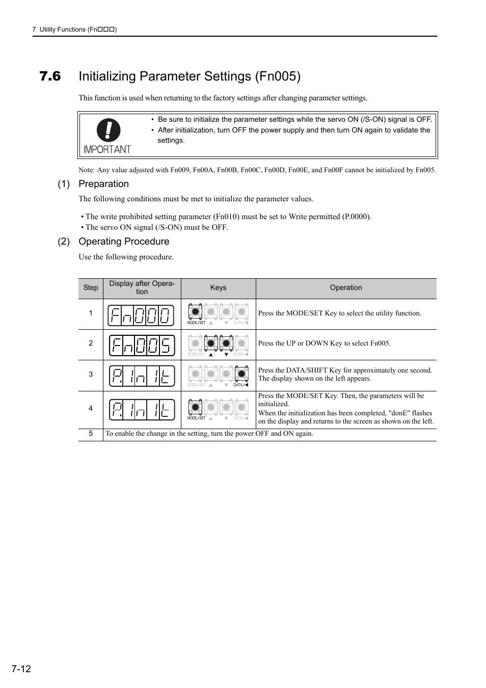6 initializing parameter settings (fn005), 1) preparation, 2) operating procedure | Yaskawa Sigma-5 User Manual: Design and Maintenance - Rotary Motors - Analog Voltage and Pulse Train Reference User Manual | Page 289 / 423