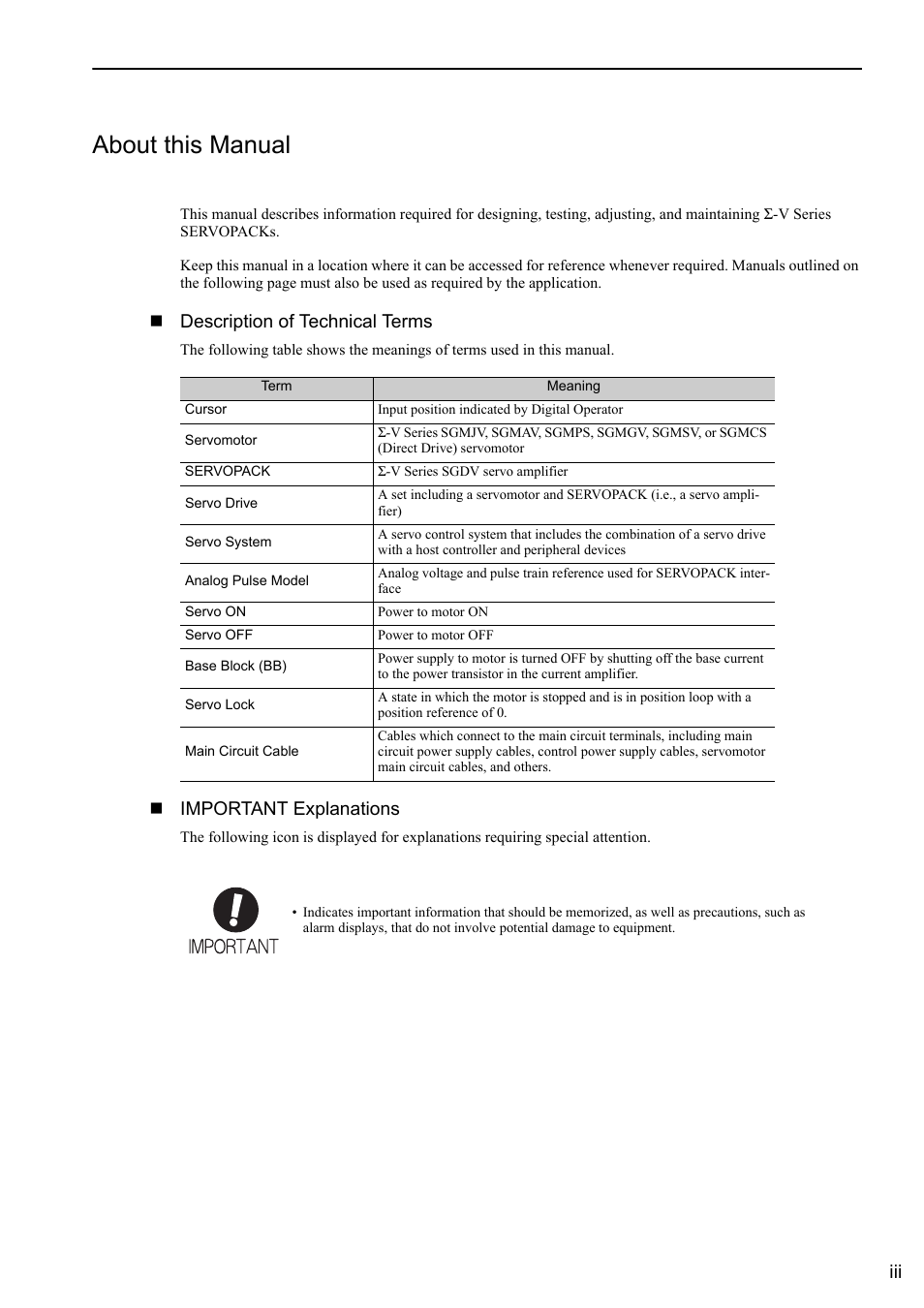 About this manual, Description of technical terms, Important explanations | Yaskawa Sigma-5 User Manual: Design and Maintenance - Rotary Motors - Analog Voltage and Pulse Train Reference User Manual | Page 3 / 423