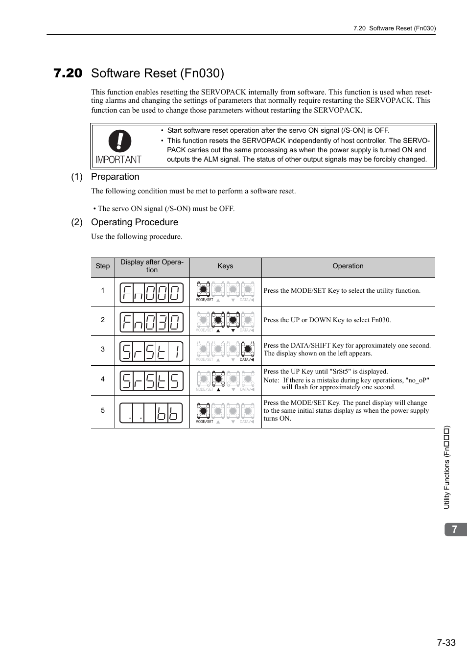 20 software reset (fn030), 1) preparation, 2) operating procedure | Yaskawa Sigma-5 User Manual: Design and Maintenance - Rotary Motors - Analog Voltage and Pulse Train Reference User Manual | Page 310 / 423