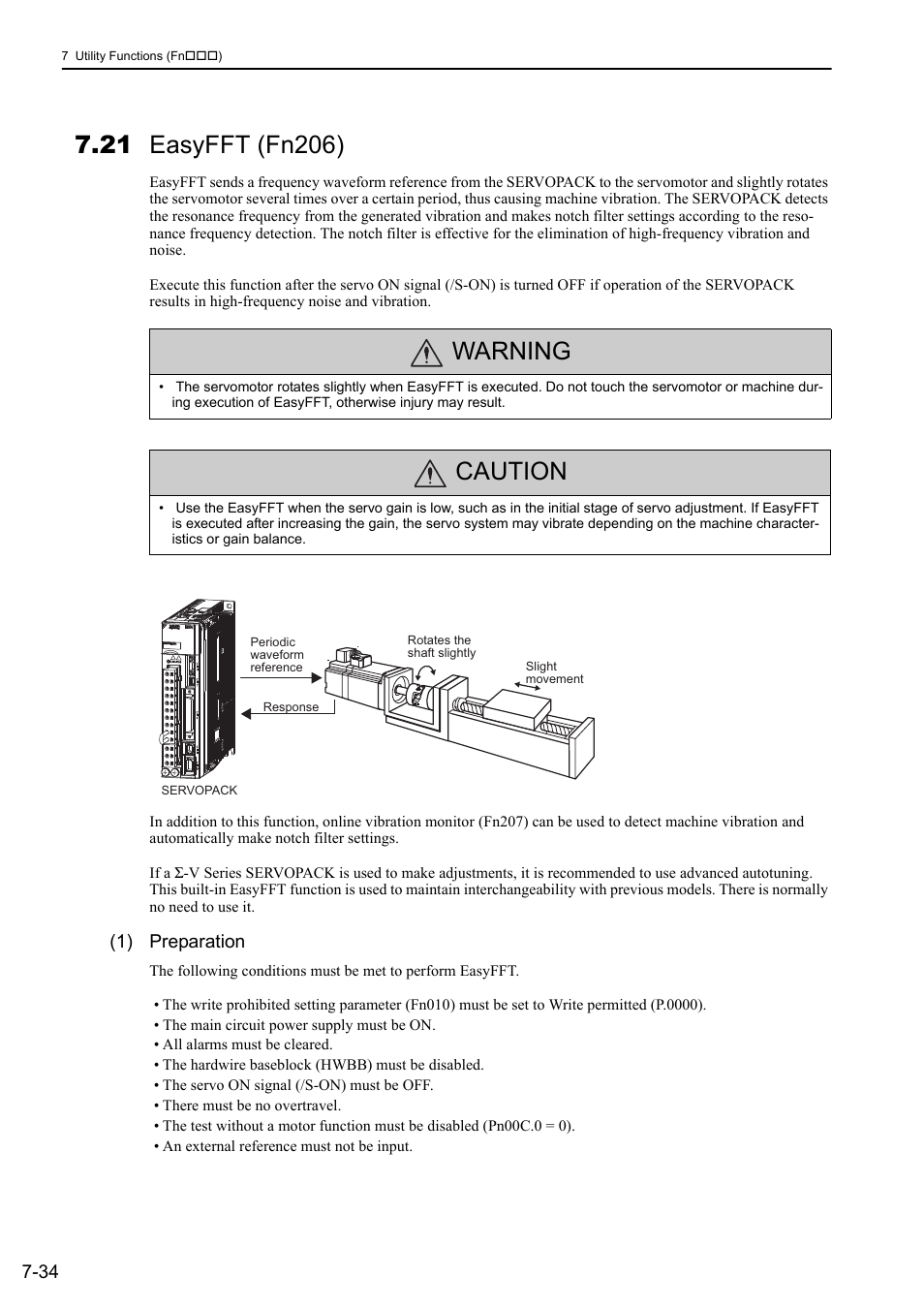 21 easyfft (fn206), Warning, Caution | 1) preparation | Yaskawa Sigma-5 User Manual: Design and Maintenance - Rotary Motors - Analog Voltage and Pulse Train Reference User Manual | Page 311 / 423