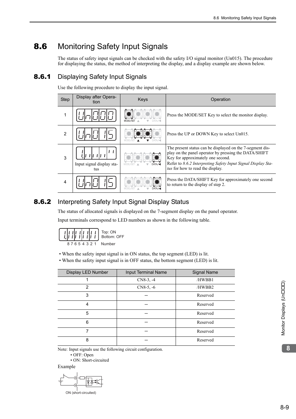 6 monitoring safety input signals, 1 displaying safety input signals, 2 interpreting safety input signal display status | Analog | Yaskawa Sigma-5 User Manual: Design and Maintenance - Rotary Motors - Analog Voltage and Pulse Train Reference User Manual | Page 325 / 423