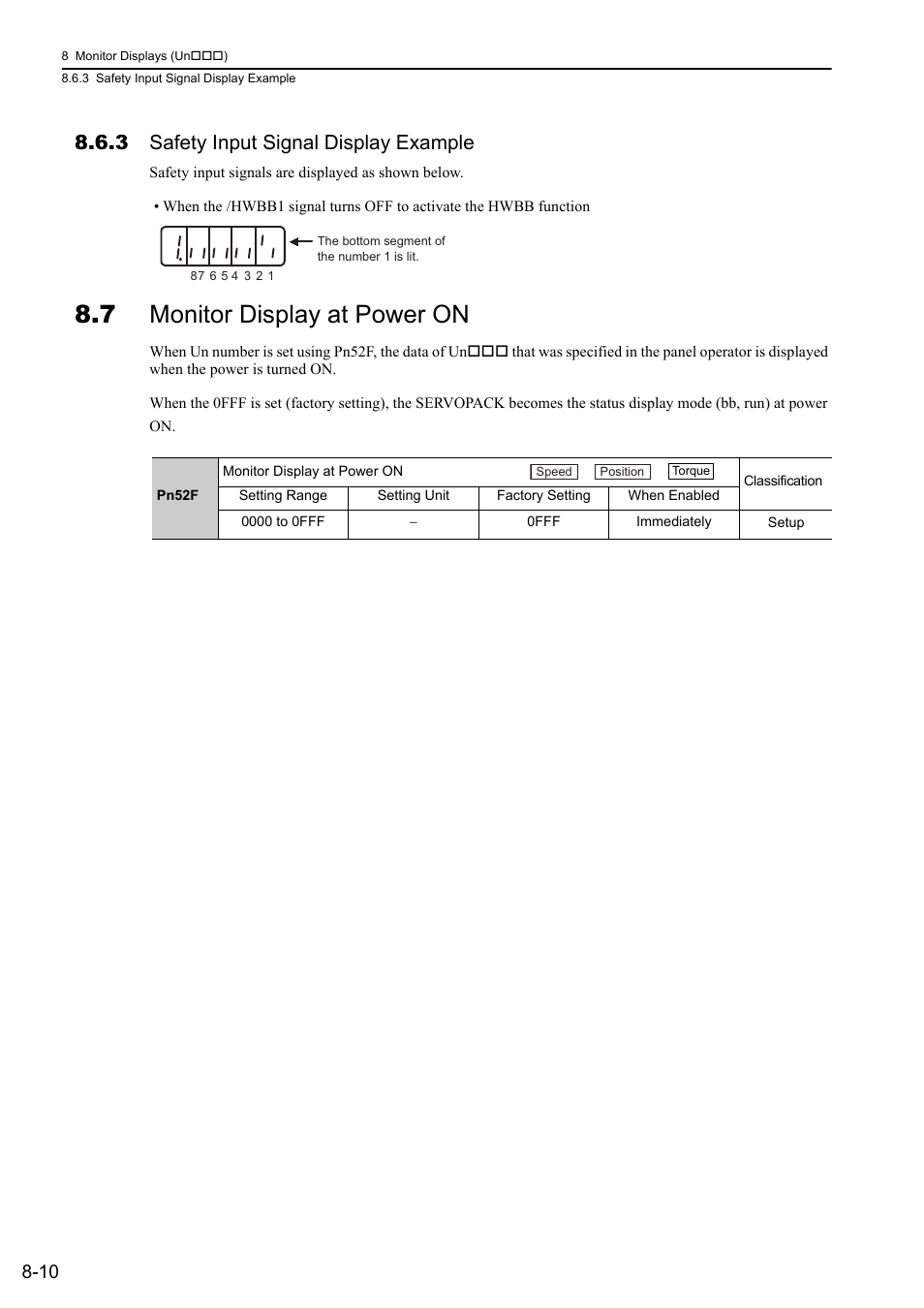 3 safety input signal display example, 7 monitor display at power on, Analog | Yaskawa Sigma-5 User Manual: Design and Maintenance - Rotary Motors - Analog Voltage and Pulse Train Reference User Manual | Page 326 / 423