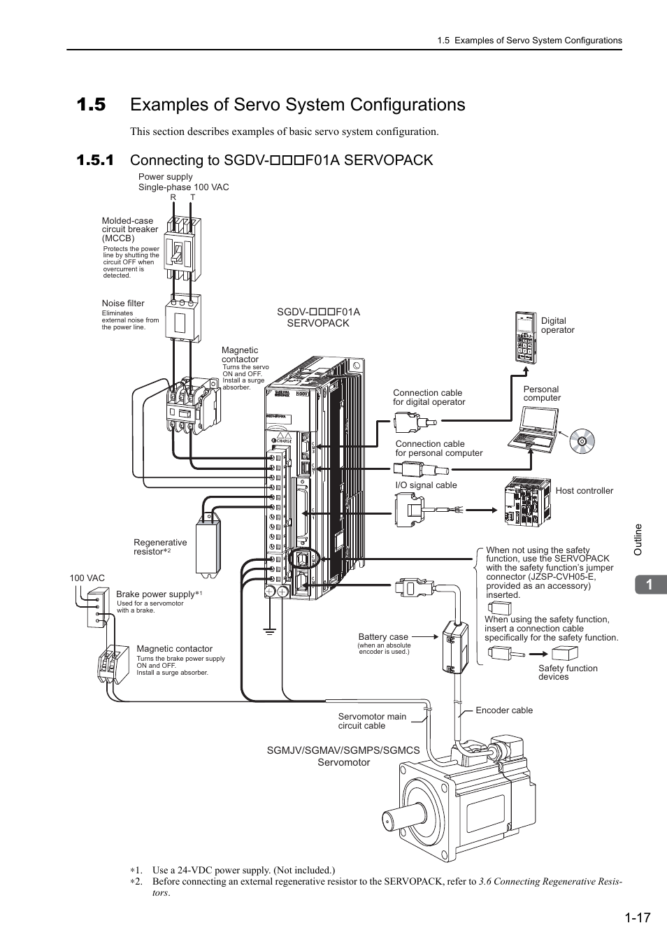 5 examples of servo system configurations, 1 connecting to sgdv-***f01a servopack, 1 connecting to sgdv- f01a servopack | Yaskawa Sigma-5 User Manual: Design and Maintenance - Rotary Motors - Analog Voltage and Pulse Train Reference User Manual | Page 37 / 423