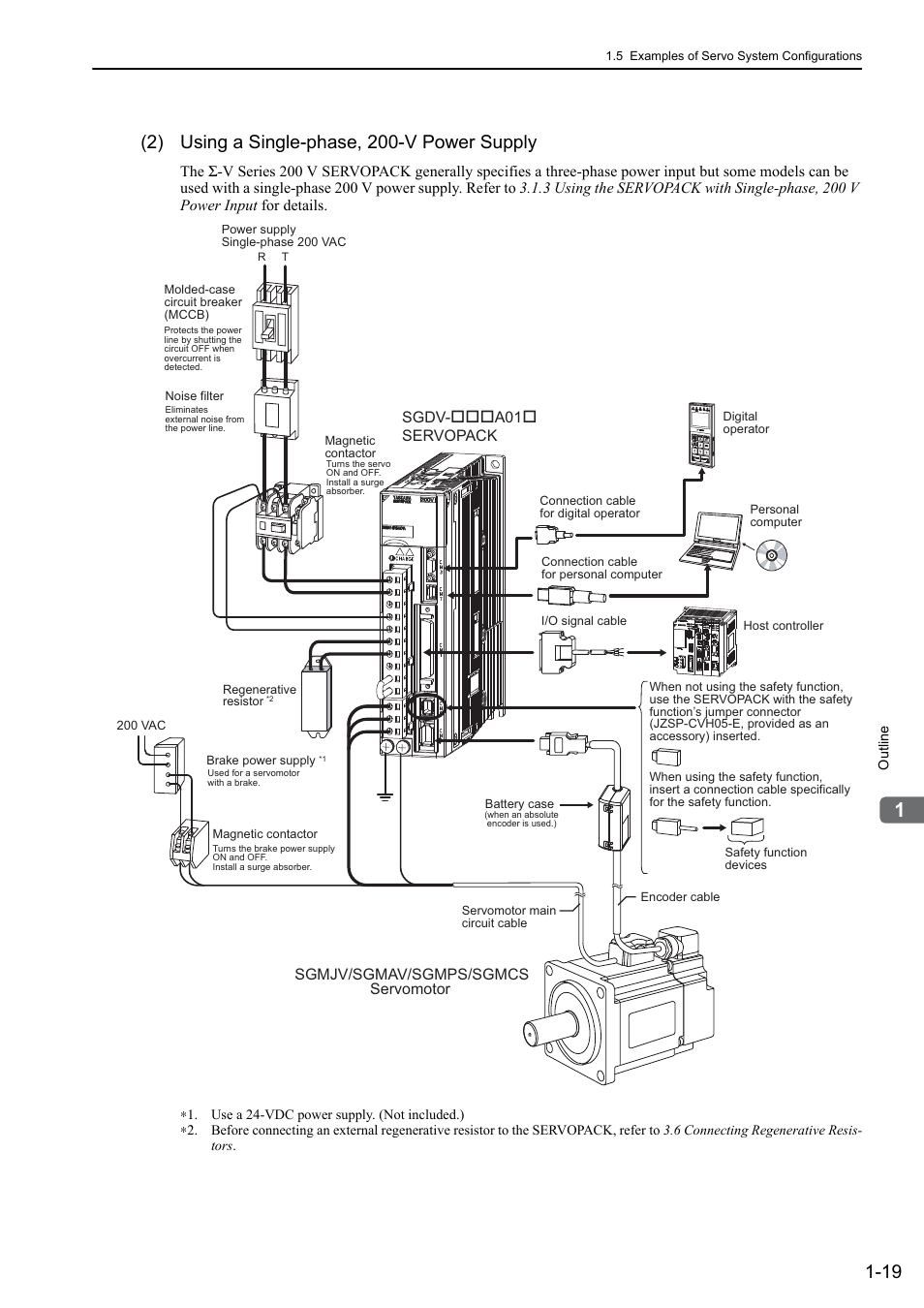 2) using a single-phase, 200-v power supply | Yaskawa Sigma-5 User Manual: Design and Maintenance - Rotary Motors - Analog Voltage and Pulse Train Reference User Manual | Page 39 / 423