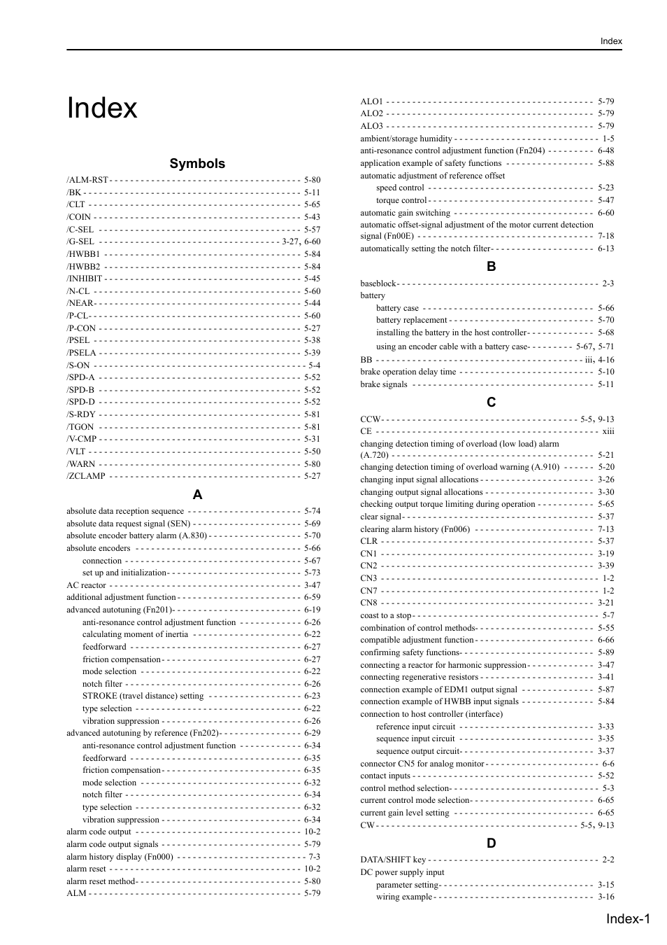 Index, Symbols, Index-1 | Yaskawa Sigma-5 User Manual: Design and Maintenance - Rotary Motors - Analog Voltage and Pulse Train Reference User Manual | Page 417 / 423