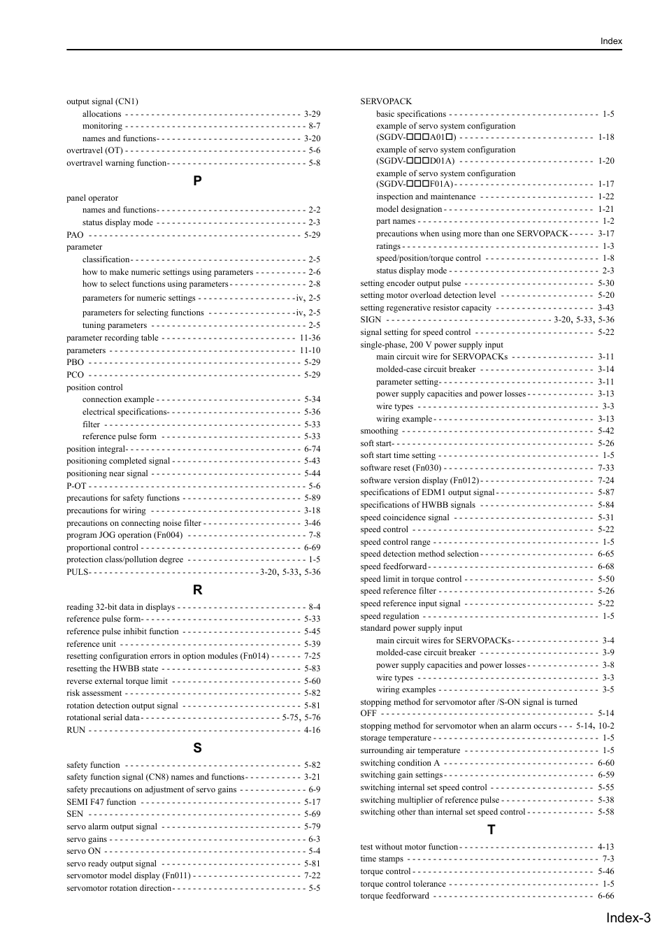 Index-3 | Yaskawa Sigma-5 User Manual: Design and Maintenance - Rotary Motors - Analog Voltage and Pulse Train Reference User Manual | Page 419 / 423