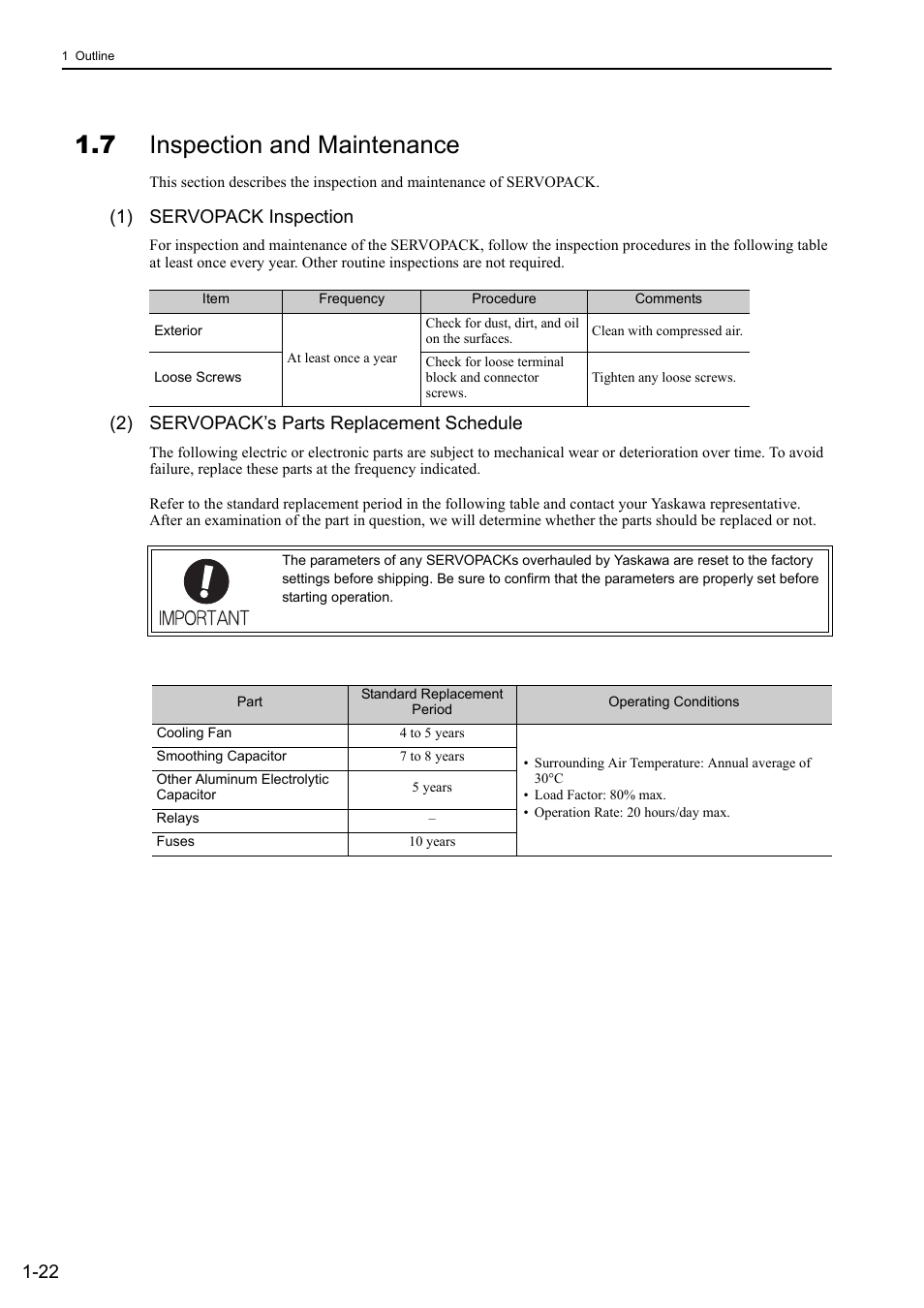 7 inspection and maintenance, 1) servopack inspection, 2) servopack’s parts replacement schedule | Yaskawa Sigma-5 User Manual: Design and Maintenance - Rotary Motors - Analog Voltage and Pulse Train Reference User Manual | Page 42 / 423