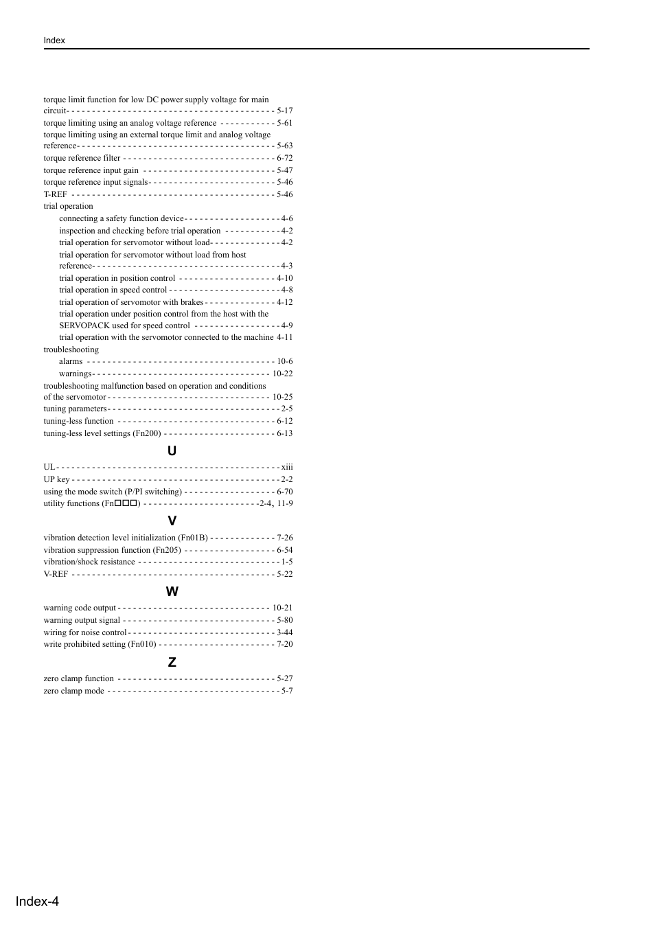 Index-4 | Yaskawa Sigma-5 User Manual: Design and Maintenance - Rotary Motors - Analog Voltage and Pulse Train Reference User Manual | Page 420 / 423