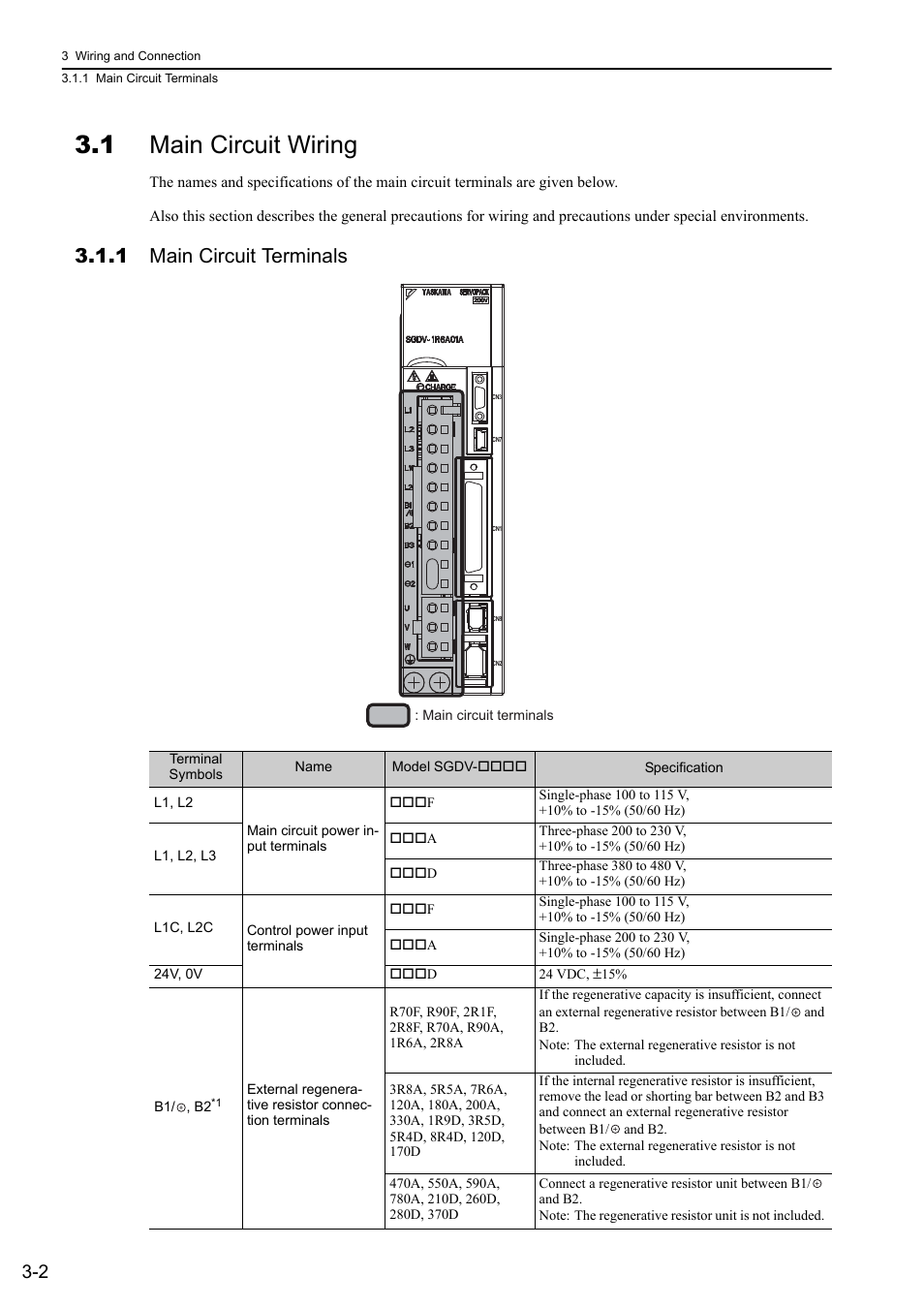 1 main circuit wiring, 1 main circuit terminals | Yaskawa Sigma-5 User Manual: Design and Maintenance - Rotary Motors - Analog Voltage and Pulse Train Reference User Manual | Page 53 / 423