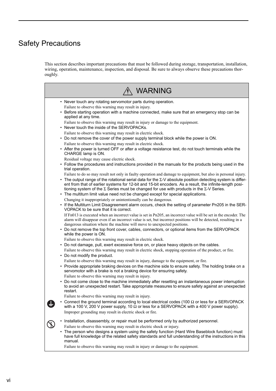Safety precautions, Warning | Yaskawa Sigma-5 User Manual: Design and Maintenance - Rotary Motors - Analog Voltage and Pulse Train Reference User Manual | Page 6 / 423