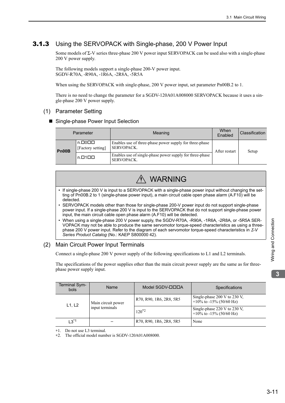 Warning, 1) parameter setting, 2) main circuit power input terminals | Yaskawa Sigma-5 User Manual: Design and Maintenance - Rotary Motors - Analog Voltage and Pulse Train Reference User Manual | Page 62 / 423