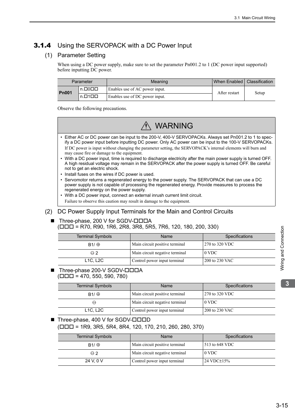 4 using the servopack with a dc power input, Warning, 1) parameter setting | Yaskawa Sigma-5 User Manual: Design and Maintenance - Rotary Motors - Analog Voltage and Pulse Train Reference User Manual | Page 66 / 423