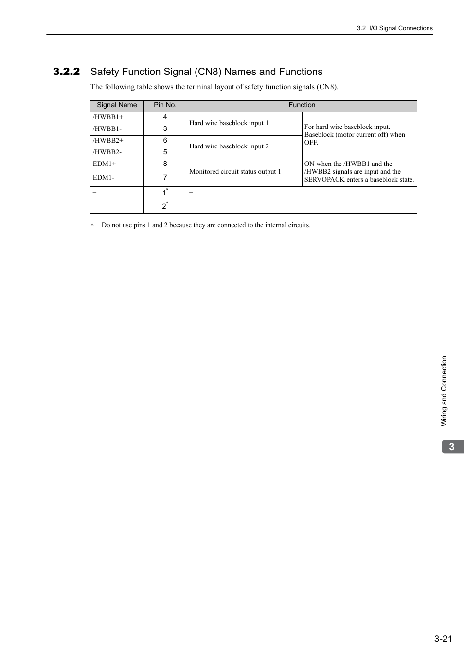 2 safety function signal (cn8) names and functions | Yaskawa Sigma-5 User Manual: Design and Maintenance - Rotary Motors - Analog Voltage and Pulse Train Reference User Manual | Page 72 / 423