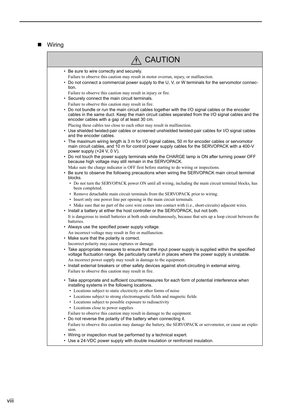 Caution, Viii wiring | Yaskawa Sigma-5 User Manual: Design and Maintenance - Rotary Motors - Analog Voltage and Pulse Train Reference User Manual | Page 8 / 423