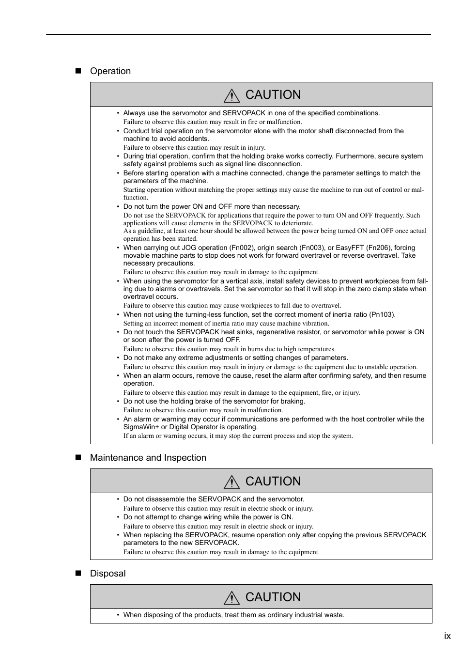 Caution, Ix operation maintenance and inspection disposal | Yaskawa Sigma-5 User Manual: Design and Maintenance - Rotary Motors - Analog Voltage and Pulse Train Reference User Manual | Page 9 / 423