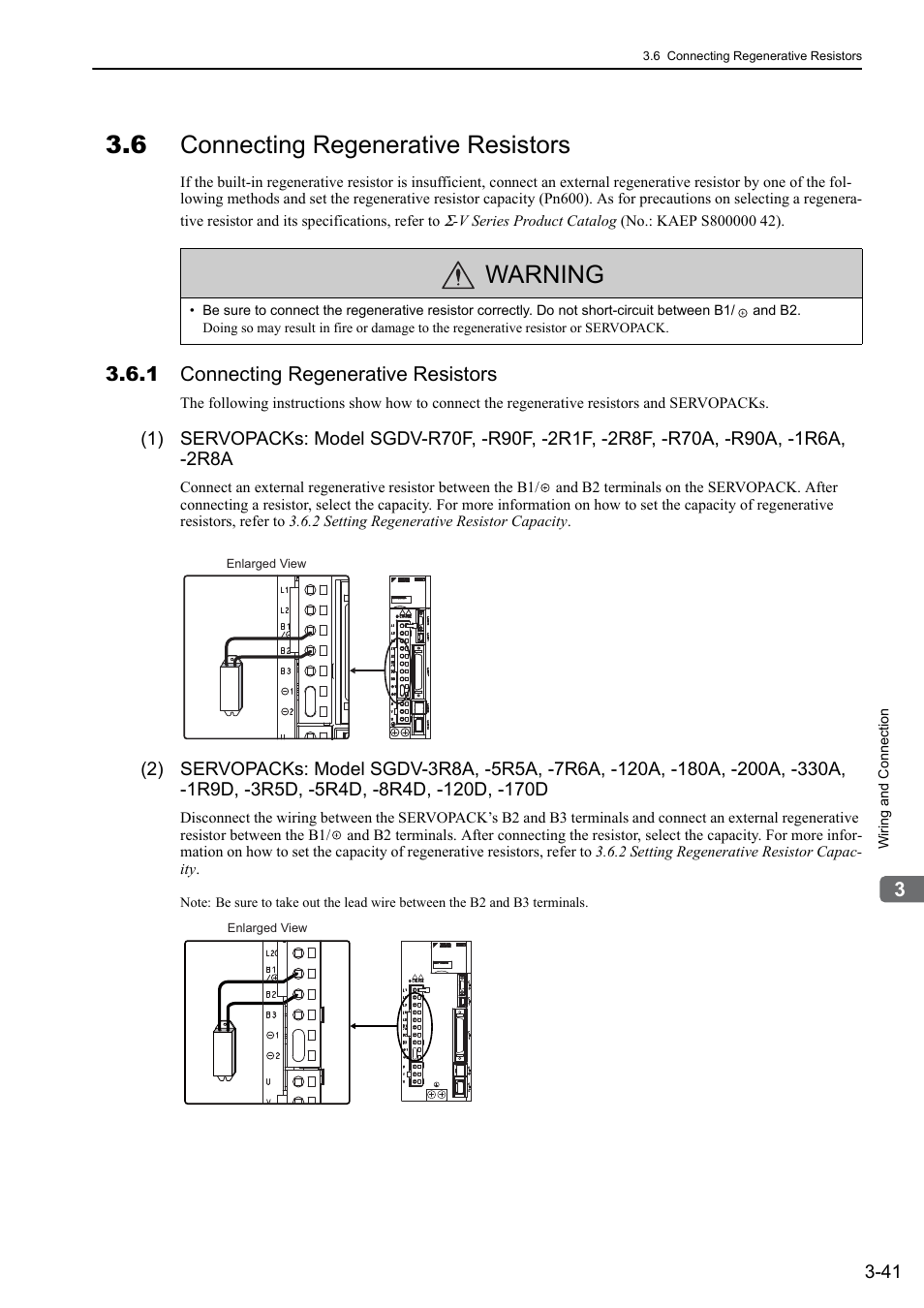 6 connecting regenerative resistors, 1 connecting regenerative resistors, Warning | Yaskawa Sigma-5 User Manual: Design and Maintenance - Rotary Motors - Analog Voltage and Pulse Train Reference User Manual | Page 92 / 423