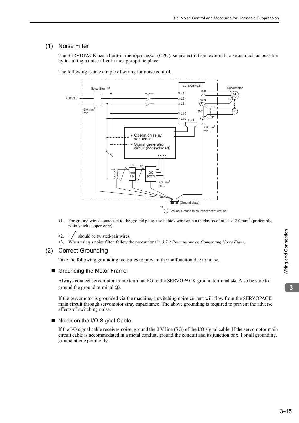 1) noise filter, 2) correct grounding, Grounding the motor frame | Noise on the i/o signal cable | Yaskawa Sigma-5 User Manual: Design and Maintenance - Rotary Motors - Analog Voltage and Pulse Train Reference User Manual | Page 96 / 423