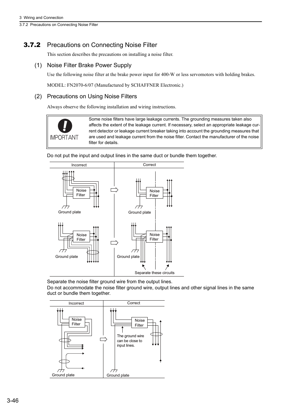 2 precautions on connecting noise filter, 1) noise filter brake power supply, 2) precautions on using noise filters | Yaskawa Sigma-5 User Manual: Design and Maintenance - Rotary Motors - Analog Voltage and Pulse Train Reference User Manual | Page 97 / 423
