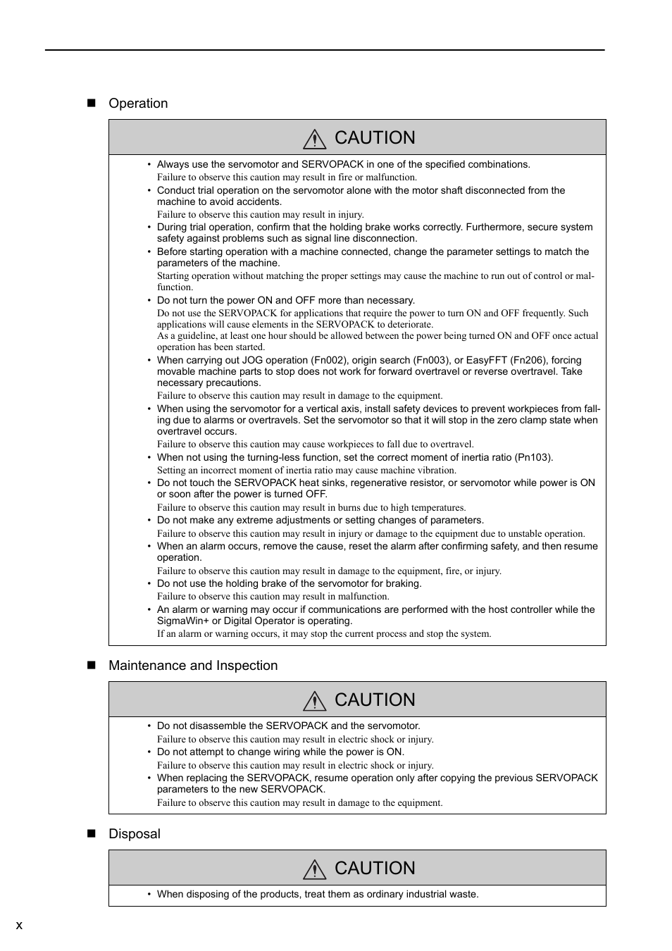 Caution, Xoperation maintenance and inspection disposal | Yaskawa Sigma-5 User Manual: Design and Maintenance - Rotary Motors - MECHATROLINK-II Communications Reference User Manual | Page 10 / 376