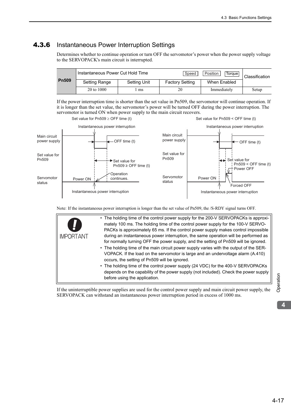 6 instantaneous power interruption settings | Yaskawa Sigma-5 User Manual: Design and Maintenance - Rotary Motors - MECHATROLINK-II Communications Reference User Manual | Page 102 / 376