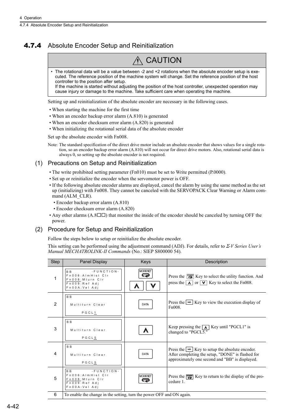 4 absolute encoder setup and reinitialization, Caution, 1) precautions on setup and reinitialization | 2) procedure for setup and reinitialization | Yaskawa Sigma-5 User Manual: Design and Maintenance - Rotary Motors - MECHATROLINK-II Communications Reference User Manual | Page 127 / 376