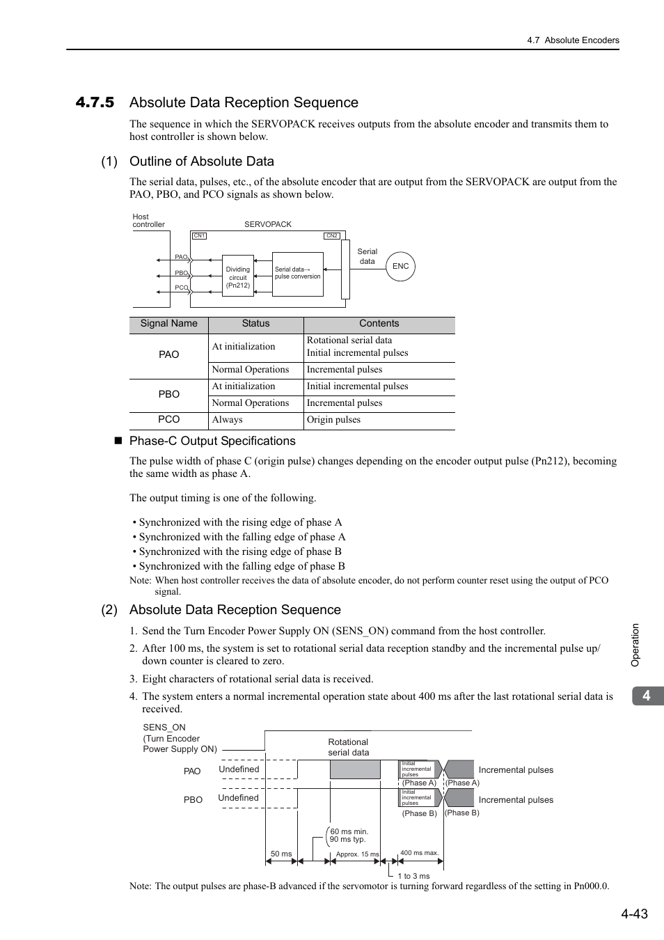 5 absolute data reception sequence, 1) outline of absolute data, 2) absolute data reception sequence | 46 and 64, Phase-c output specifications | Yaskawa Sigma-5 User Manual: Design and Maintenance - Rotary Motors - MECHATROLINK-II Communications Reference User Manual | Page 128 / 376