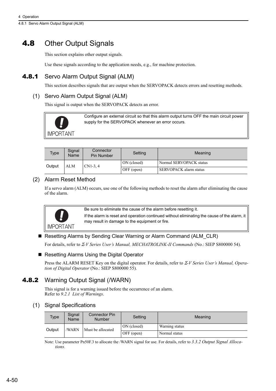 8 other output signals, 1 servo alarm output signal (alm), 2 warning output signal (/warn) | 1) servo alarm output signal (alm), 2) alarm reset method, 1) signal specifications | Yaskawa Sigma-5 User Manual: Design and Maintenance - Rotary Motors - MECHATROLINK-II Communications Reference User Manual | Page 135 / 376