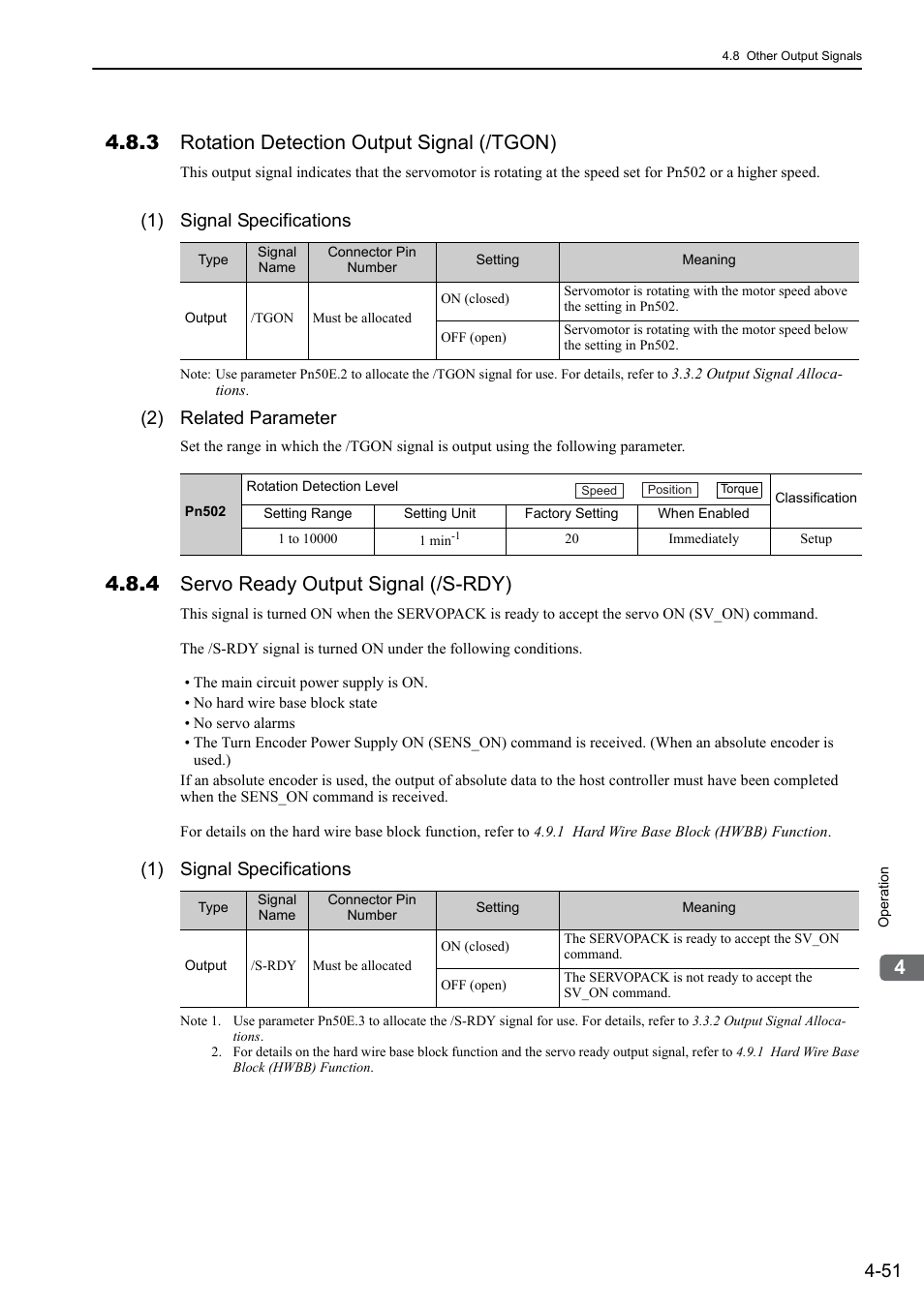 3 rotation detection output signal (/tgon), 4 servo ready output signal (/s-rdy), 1) signal specifications | 2) related parameter | Yaskawa Sigma-5 User Manual: Design and Maintenance - Rotary Motors - MECHATROLINK-II Communications Reference User Manual | Page 136 / 376