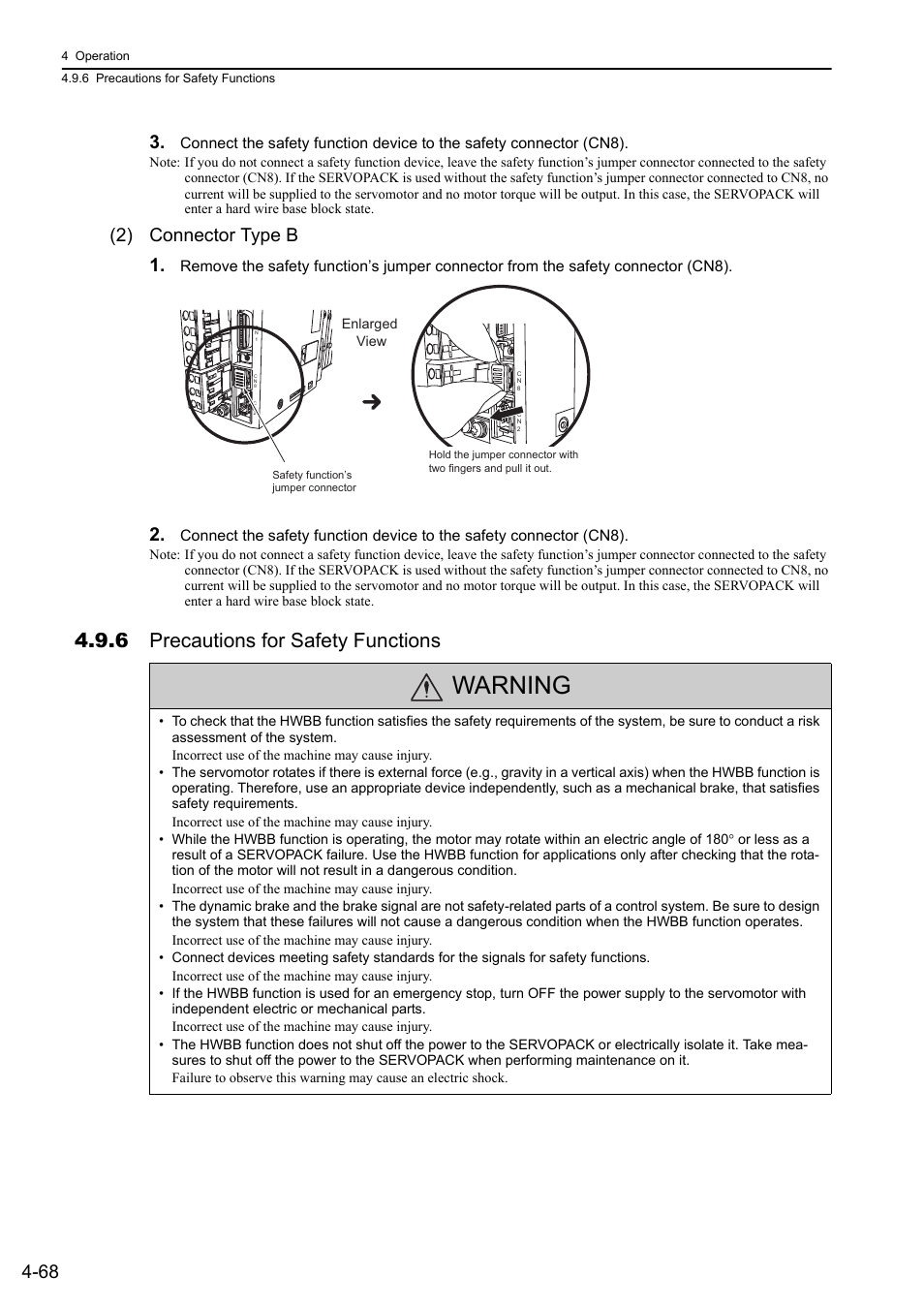 6 precautions for safety functions, Warning, 2) connector type b 1 | Yaskawa Sigma-5 User Manual: Design and Maintenance - Rotary Motors - MECHATROLINK-II Communications Reference User Manual | Page 153 / 376