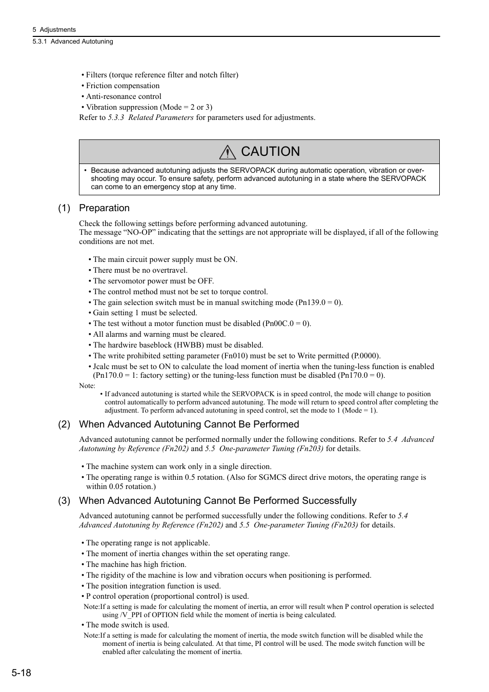 Caution, 1) preparation, 2) when advanced autotuning cannot be performed | Yaskawa Sigma-5 User Manual: Design and Maintenance - Rotary Motors - MECHATROLINK-II Communications Reference User Manual | Page 171 / 376