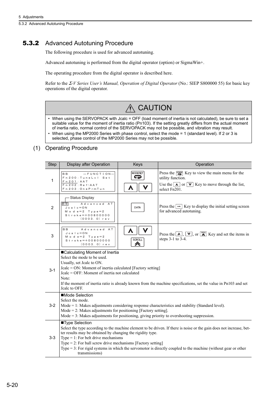 2 advanced autotuning procedure, Caution, 1) operating procedure | Yaskawa Sigma-5 User Manual: Design and Maintenance - Rotary Motors - MECHATROLINK-II Communications Reference User Manual | Page 173 / 376