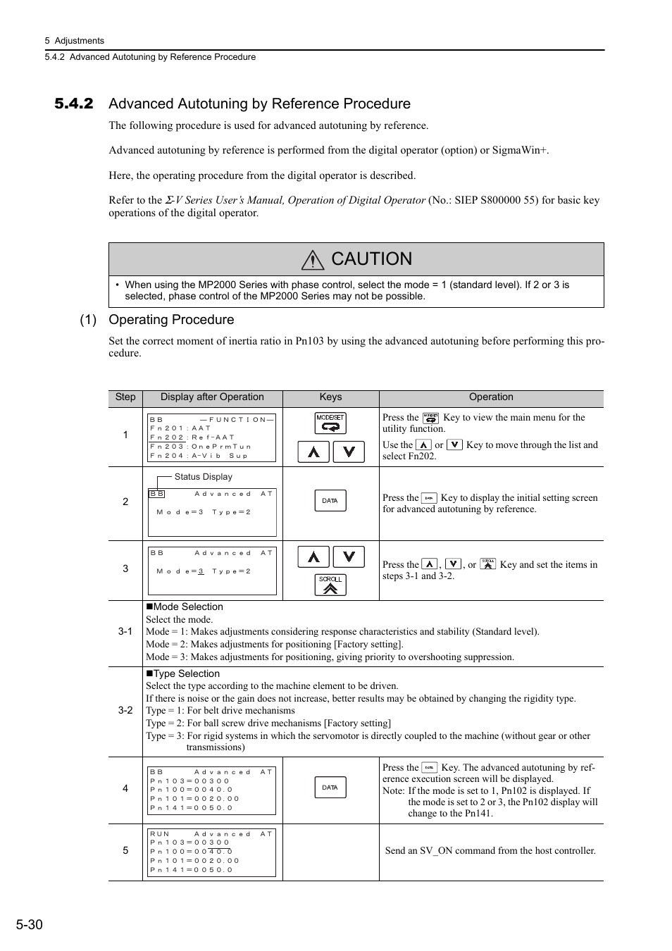 2 advanced autotuning by reference procedure, Caution, 1) operating procedure | Yaskawa Sigma-5 User Manual: Design and Maintenance - Rotary Motors - MECHATROLINK-II Communications Reference User Manual | Page 183 / 376