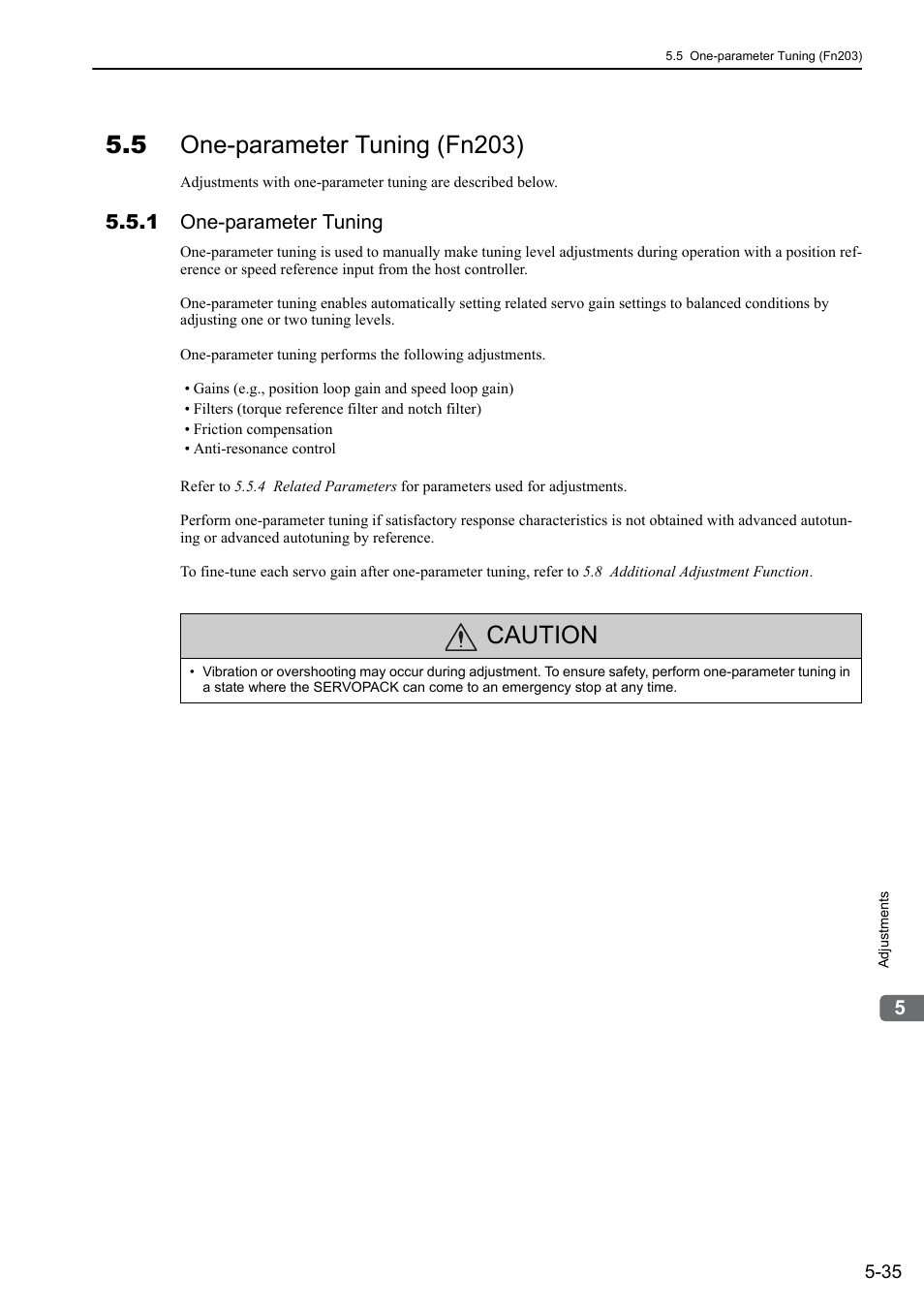 5 one-parameter tuning (fn203), 1 one-parameter tuning, Caution | Yaskawa Sigma-5 User Manual: Design and Maintenance - Rotary Motors - MECHATROLINK-II Communications Reference User Manual | Page 188 / 376
