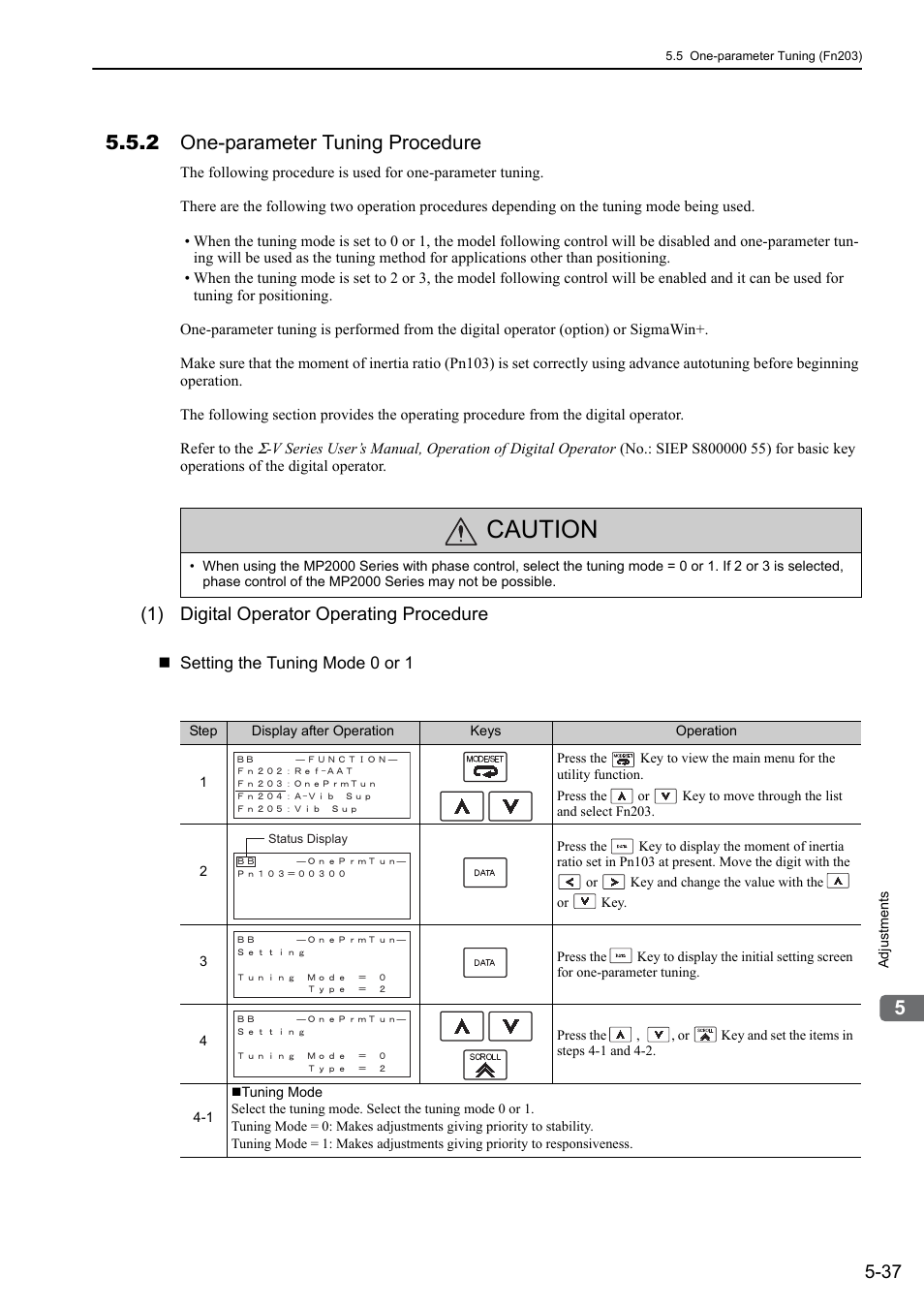 2 one-parameter tuning procedure, Caution, 1) digital operator operating procedure | Yaskawa Sigma-5 User Manual: Design and Maintenance - Rotary Motors - MECHATROLINK-II Communications Reference User Manual | Page 190 / 376