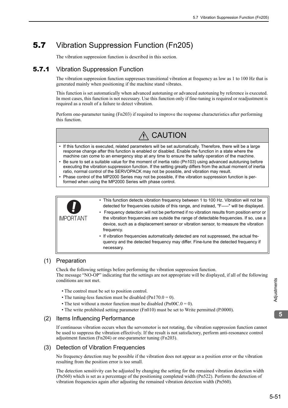 7 vibration suppression function (fn205), 1 vibration suppression function, Caution | Yaskawa Sigma-5 User Manual: Design and Maintenance - Rotary Motors - MECHATROLINK-II Communications Reference User Manual | Page 204 / 376