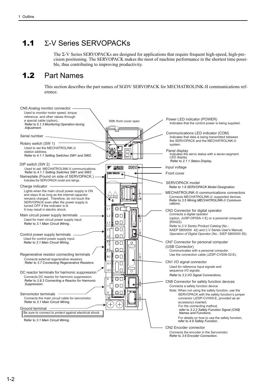 1 sigma-v series servopacks, 2 part names, 1 σ-v series servopacks | Yaskawa Sigma-5 User Manual: Design and Maintenance - Rotary Motors - MECHATROLINK-II Communications Reference User Manual | Page 22 / 376