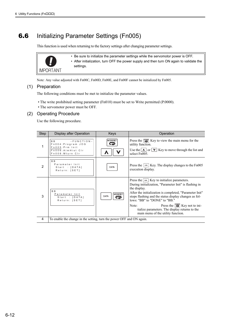 6 initializing parameter settings (fn005), 1) preparation, 2) operating procedure | Yaskawa Sigma-5 User Manual: Design and Maintenance - Rotary Motors - MECHATROLINK-II Communications Reference User Manual | Page 239 / 376